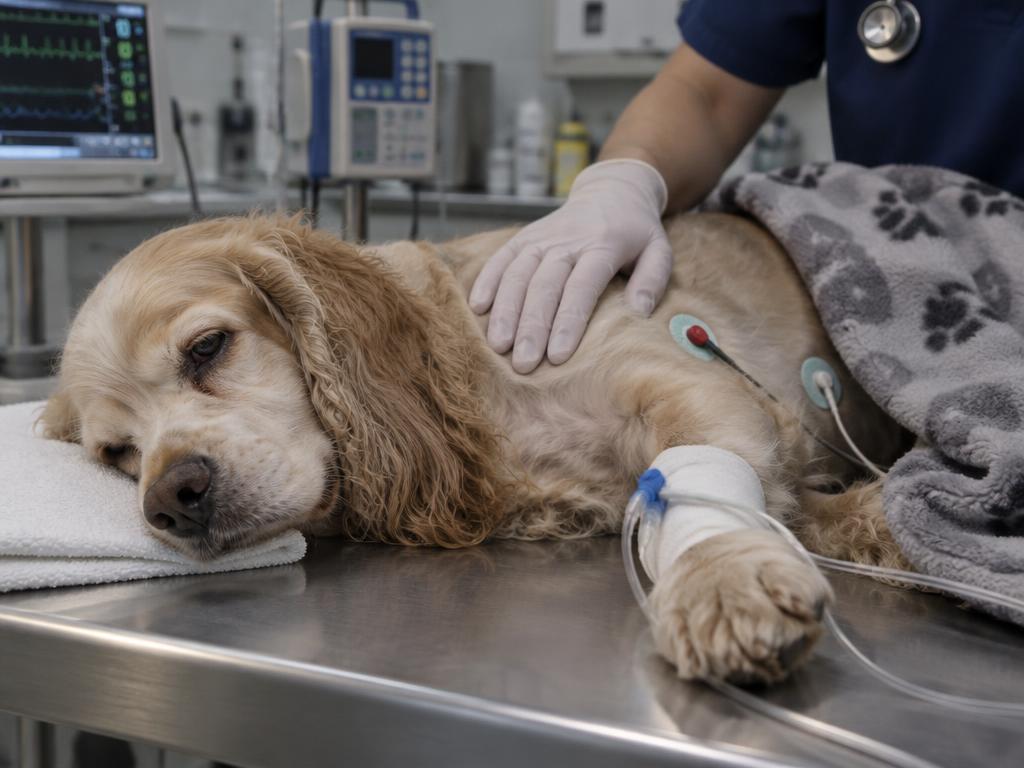 A weak, very pale Cocker Spaniel lying on a stainless steel emergency table with an IV catheter and ECG leads